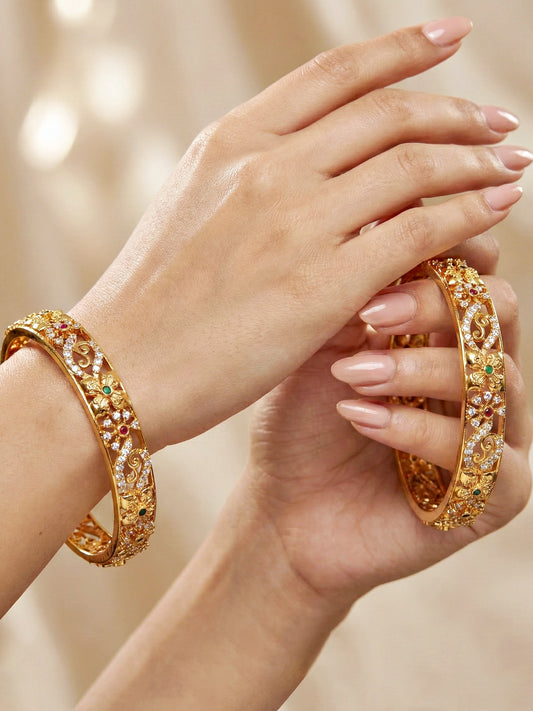 Gold-Plated Floral Temple AD Pink Green Bangle (1033-C1BG-2213-2)