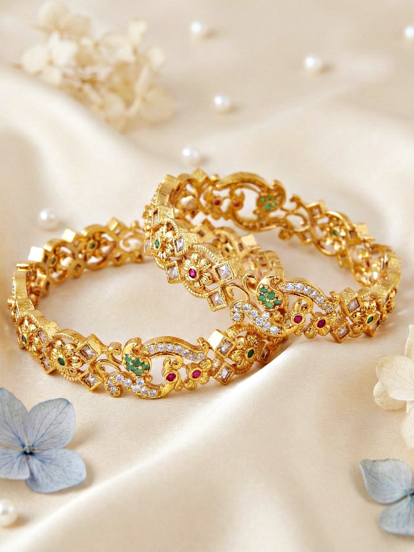Gold-Plated Peacock AD Pink Green Bangle (1049-C1BG-2214-2)