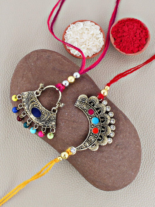 Lucky Jewellery Designer Oxidised Gold Meena Rakhi - Rakshabandhan Rakhee with Lumba Bracelet for Brother/Bhaiya/Bhai/Bhabhi - Multi Color Thread Pack of 2 (105-WECR1-3057-2)