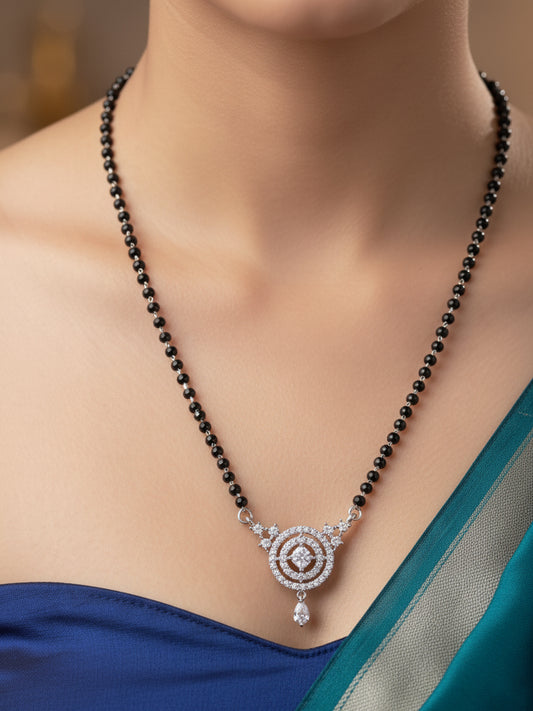 Silver Plated AD Stone Mangalsutra with Black Beads for Women