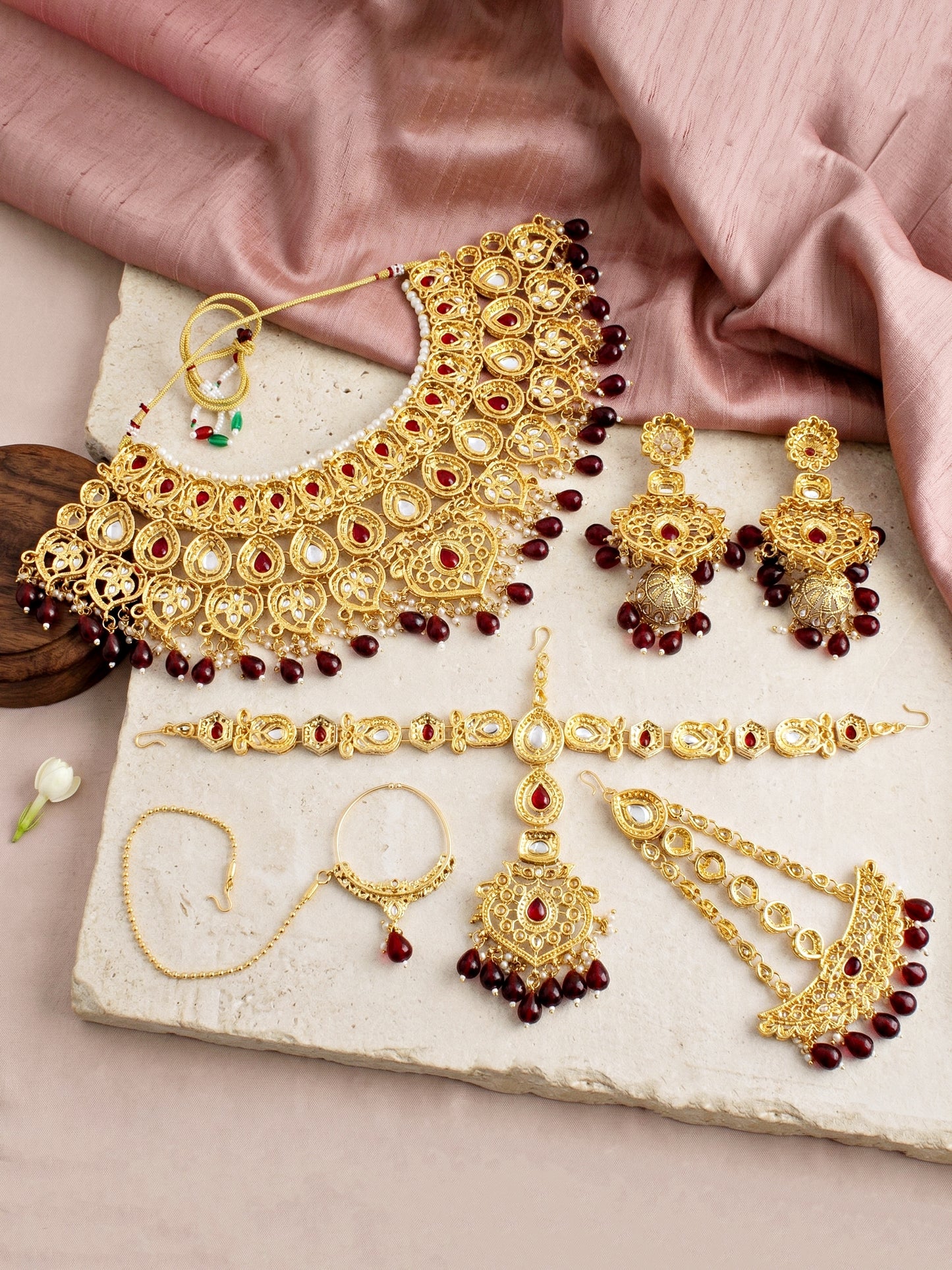 Bridal AD Maroon Stone Heavy Choker Jewellery Set with Sheesh Patti, Nath & Jhumka (3300-M8ZK-1102-M)
