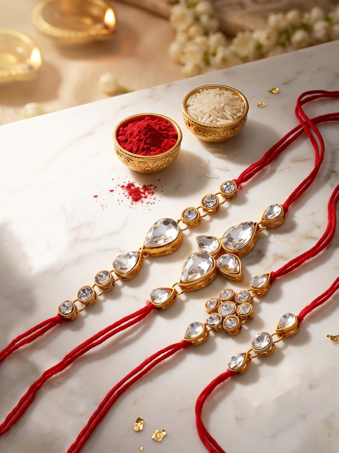 LUCKY JEWELLERY Traditional Rakhi for Brother/Bhaiya – Gold Plated Red Thread Rakshabandhan Rakhie White Stones for Bhai/Bhabhi (Pack of 4) – Fancy Rakhee Bracelet Rakshasutra (159-L1R1-02-W-4-2026)