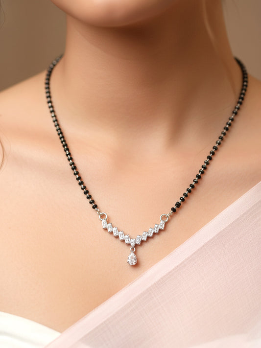 Silver Plated AD Stone Mangalsutra with Black Beads for Women