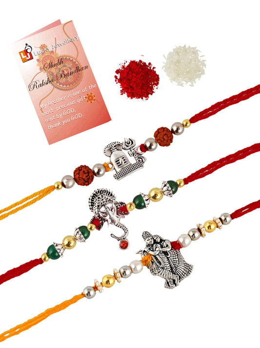 Lucky Jewellery Designer Oxidised Silver Religious Rakhi - Rakshabandhan Shiva/Ganesha & Radha Krishna Rakhee Bracelet for Brother/Bhaiya/Bhai/Bhabhi - Pack of 3 (115-JPR1-1984-S-3)