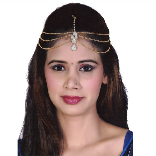 Designer Gold-Plated Kundan Maang Tikka and Pearl Matha Patti for Women and Girls