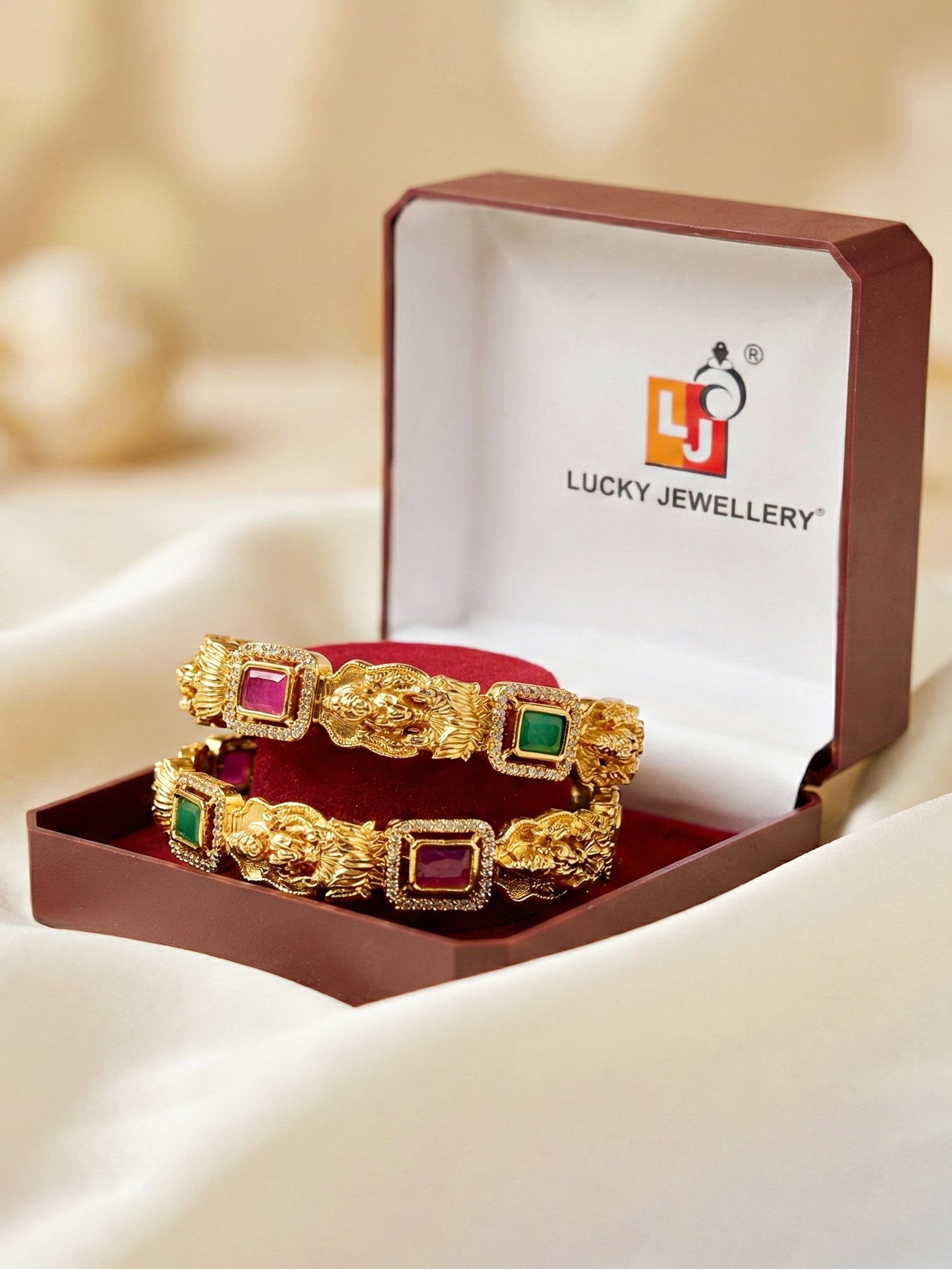 Gold-Plated Laxmi Temple AD Pink Green Bangle (1193-C1BG-2216-2)