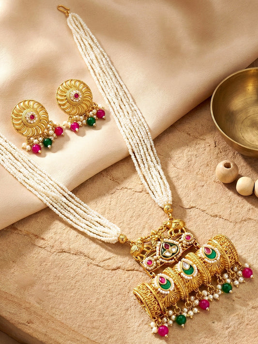 Gold-Tone Temple Pearl Necklace Set with Matching Earrings – Traditional Party & Function Wear (1215-KSM-35204-RG)