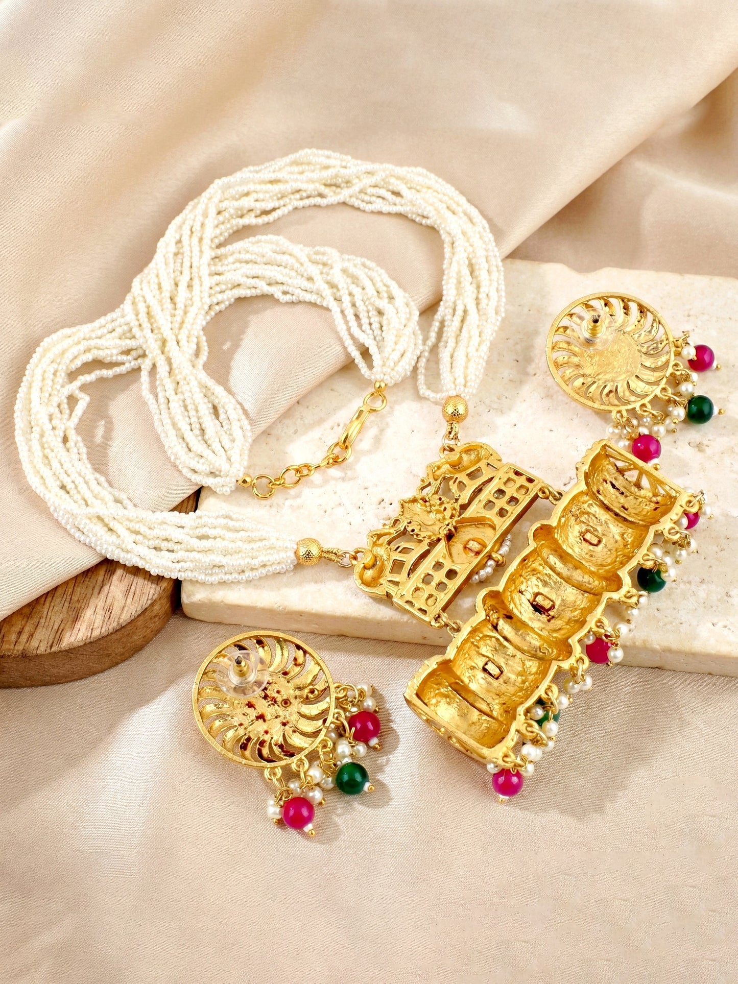 Gold-Tone Temple Pearl Necklace Set with Matching Earrings – Traditional Party & Function Wear (1215-KSM-35204-RG)