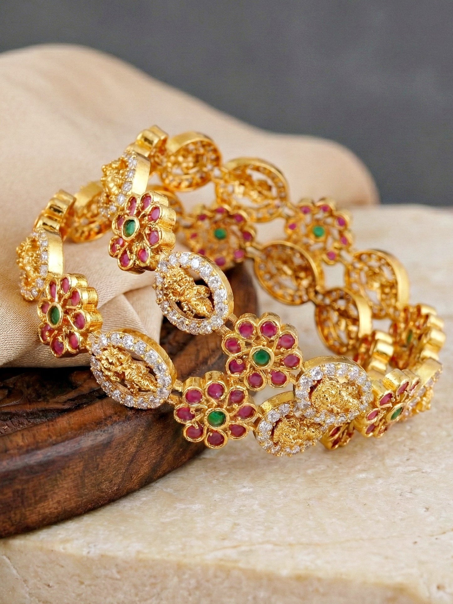 Gold-Plated Laxmi Floral Temple AD Bangle (1243-C1BG-2220-2)