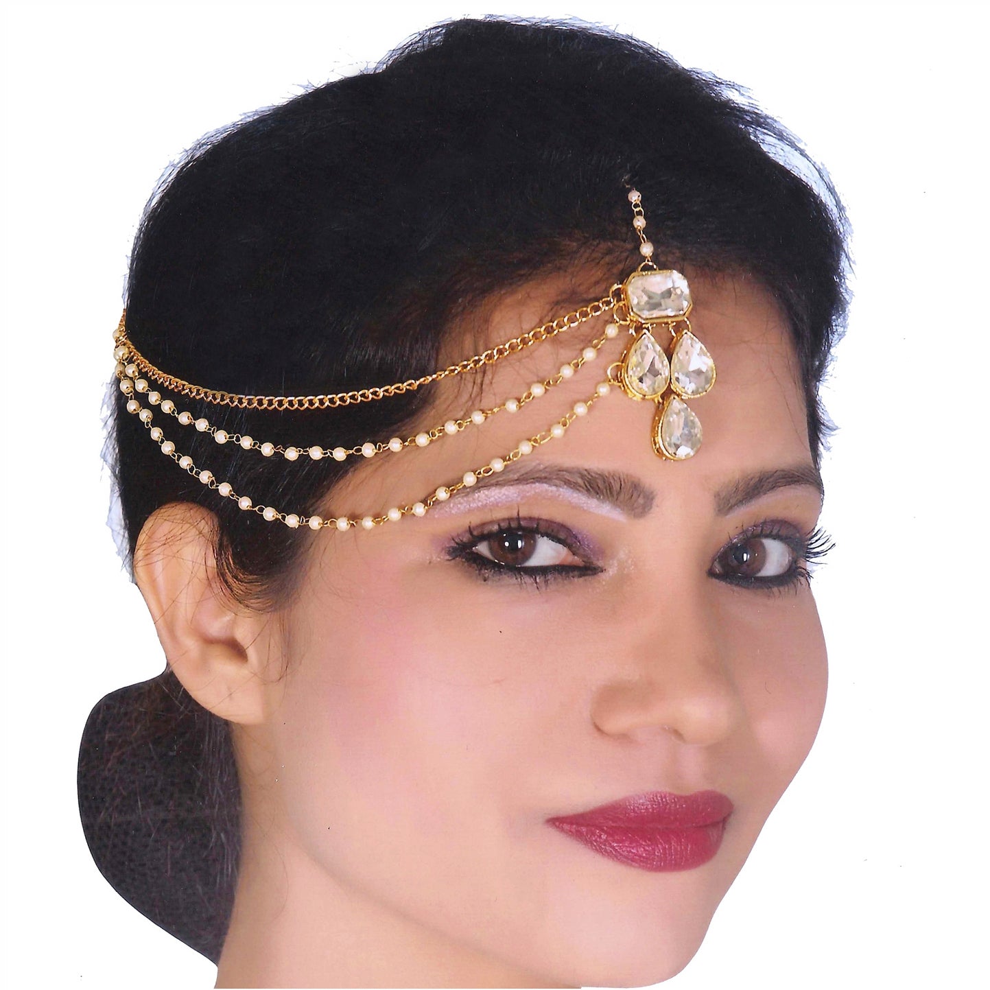 Designer Gold-Plated Kundan Maang Tikka and Pearl Matha Patti for