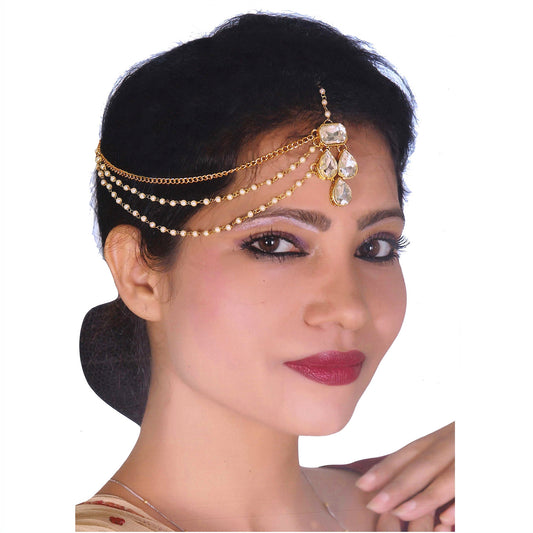 Designer Gold-Plated Kundan Maang Tikka and Pearl Matha Patti for Women and Girls