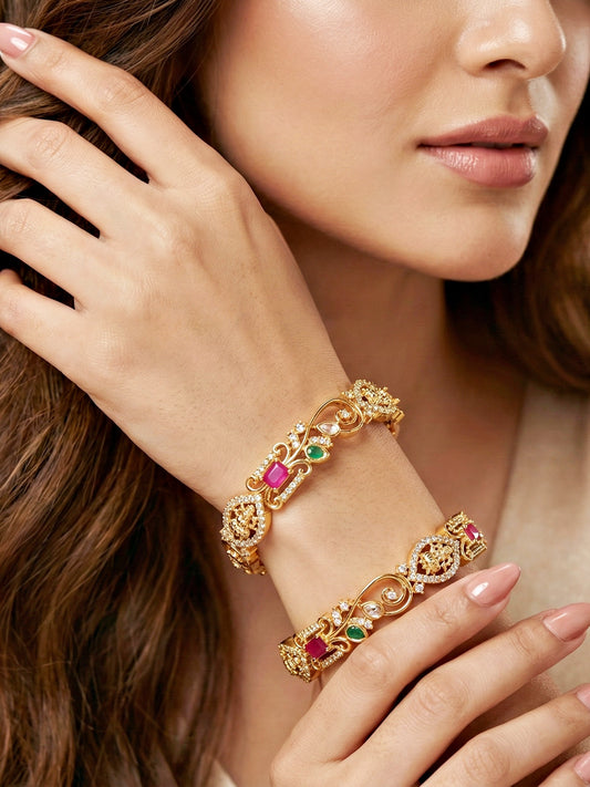 Gold-Plated Laxmi AD Pink Green Bangle (1262-C1BG-2221-2)