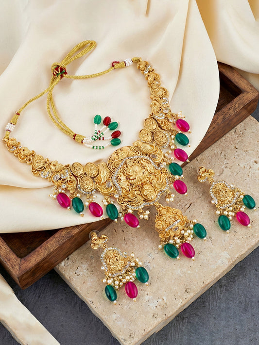 Gold-Tone Antique Temple Bridal Necklace Set with Earrings – Traditional & Function Wear (1314-KSG-37703-RG)