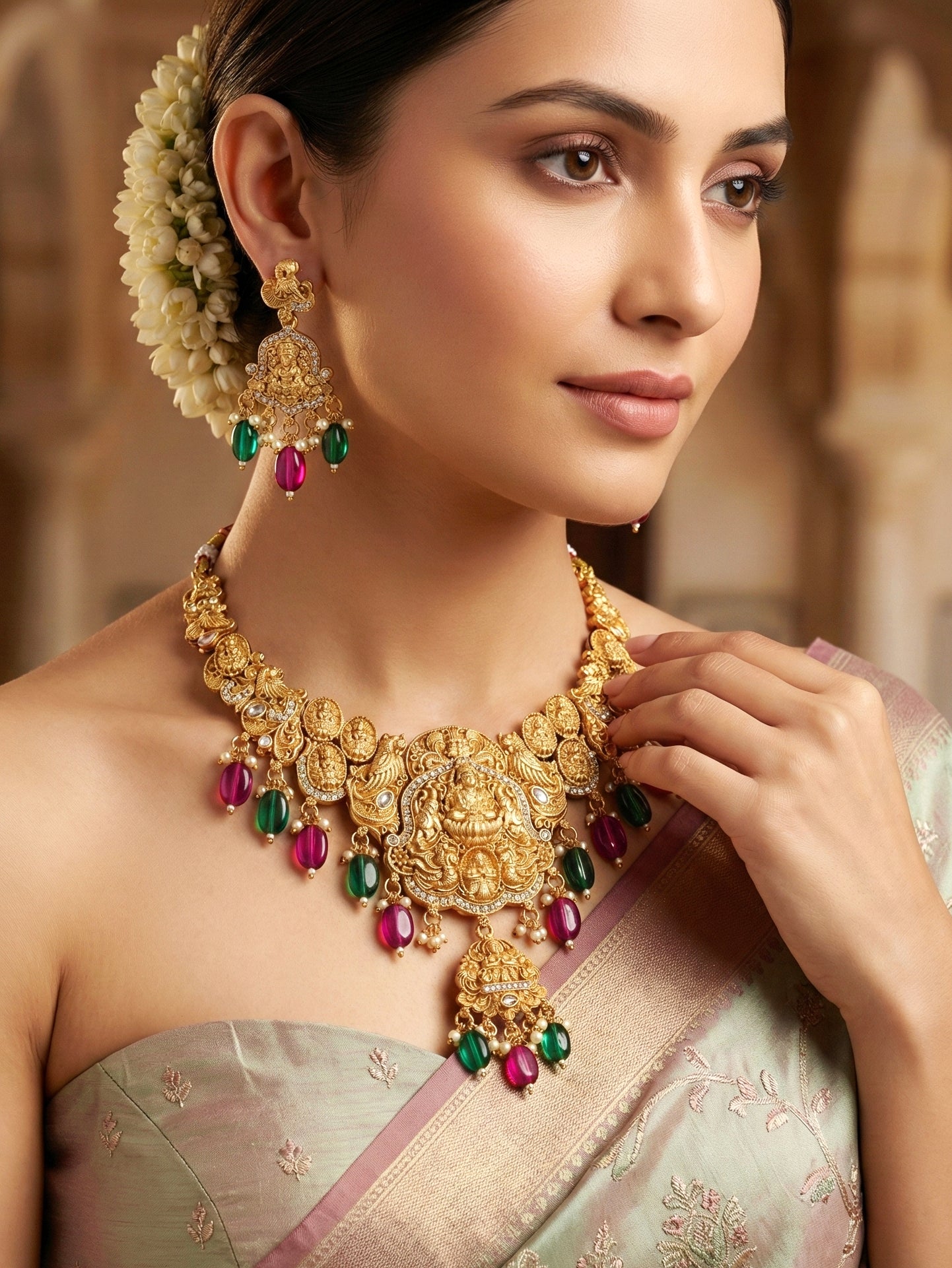Gold-Tone Antique Temple Bridal Necklace Set with Earrings – Traditional & Function Wear (1314-KSG-37703-RG)