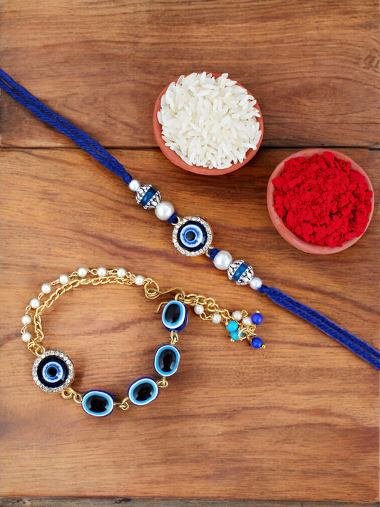 Lucky Jewellery Designer Blue Color Evil Eye Rakhi - Rakshabandhan Rakhee with Lumba Bracelet for Brother/Bhaiya/Bhai/Bhabhi - Pack of 2 (132-JPCR1-1987-2)