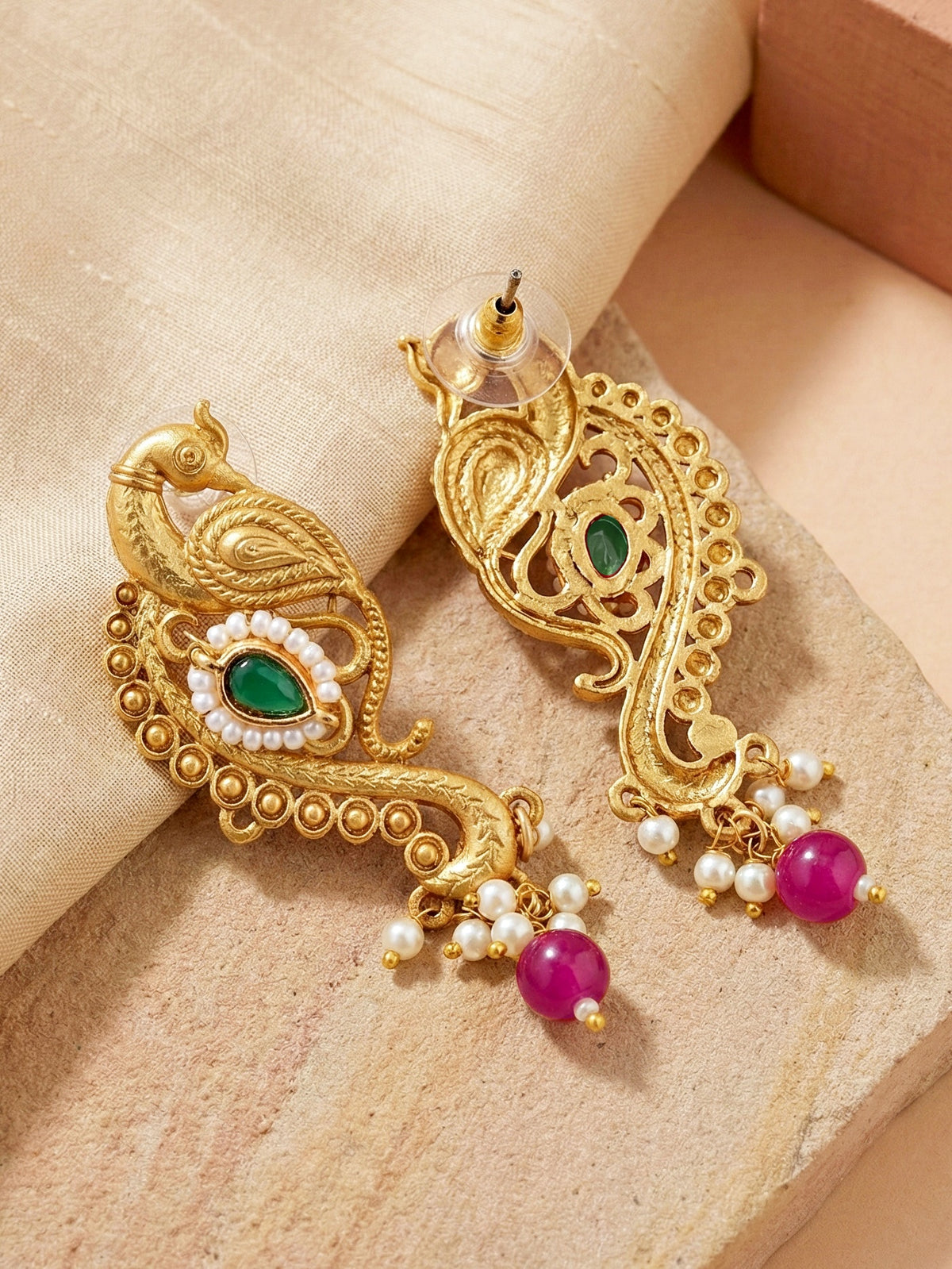 Antique Gold-Tone Peacock Temple Necklace Set with Earrings – Traditional & Function Wear (1367-KSG-39101-RG)