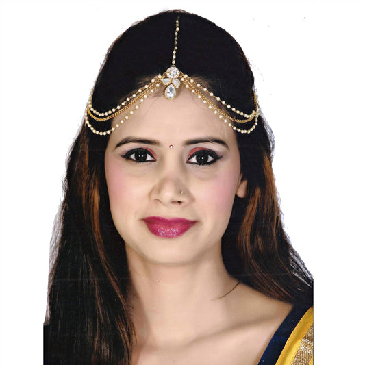 Designer Gold-Plated Kundan Maang Tikka and Pearl Matha Patti for Women and Girls