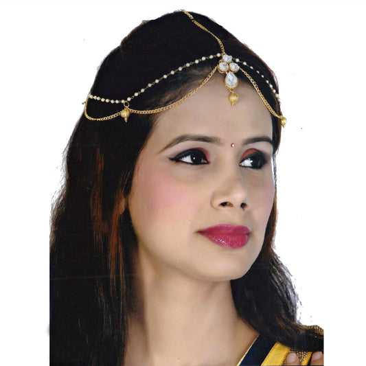 Designer Gold-Plated Kundan Maang Tikka and Pearl Matha Patti for Women and Girls