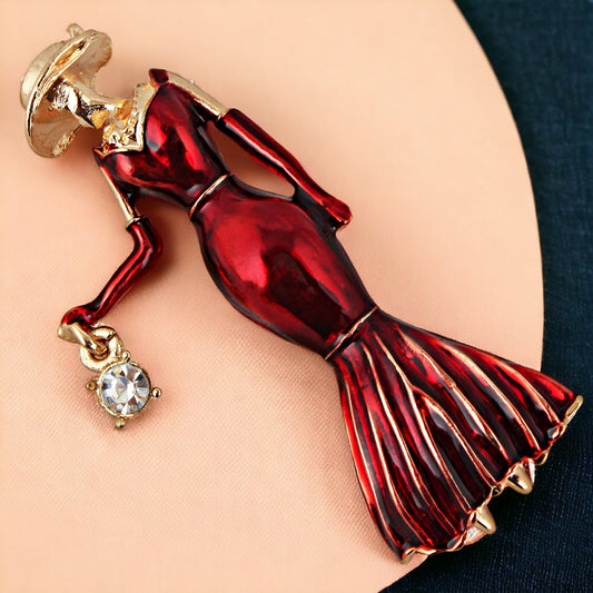 LUCKY JEWELLERY Designer Gold Plating Red Color Meenakari Princess Girl With Purse Brooch/Lapel Pin for Men & Women (150-CHOM1-1172)