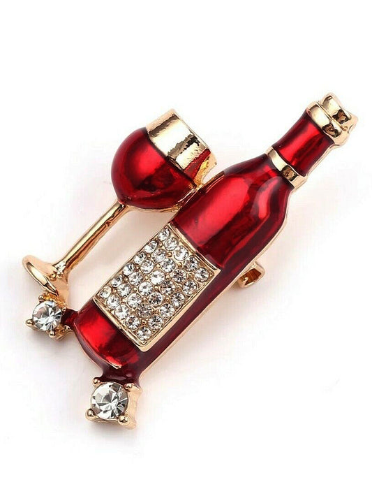 LUCKY JEWELLERY Designer Gold Plating Sparkling Stone Red Color Meenakari Cocktail Party, Wine/Champagne Bottle With Glass Unisex Brooch Pin For Men/Women/Girls (150-CHOM1-1183)