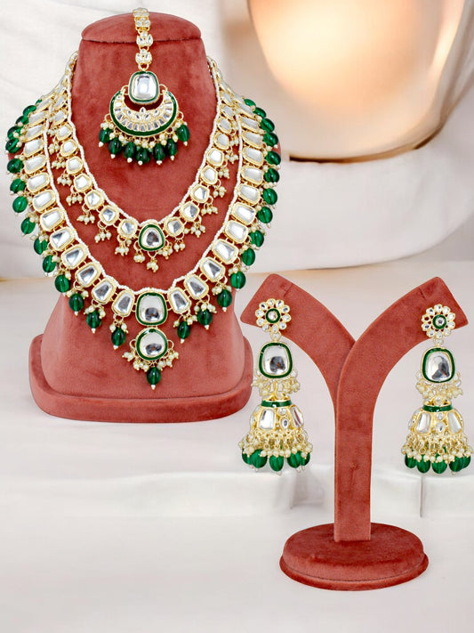 Designer Double-Layered Long Necklace Set for Women & Girls – Green Meenakari with Kundan S(1551-ISK-2027-G)tones