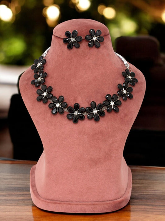 Trendy Unique Oxidised Silver-Plated Floral Choker Necklace with Black Stone & Matching Earrings (158-TSO-2026-BL)