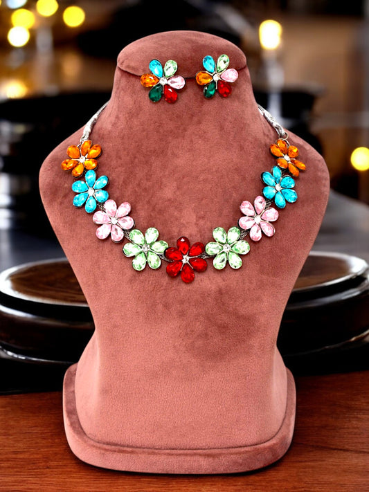 Trendy Unique Oxidised Silver-Plated Floral Choker Necklace with Multi Stone & Matching Earrings (158-TSO-2026-MT)