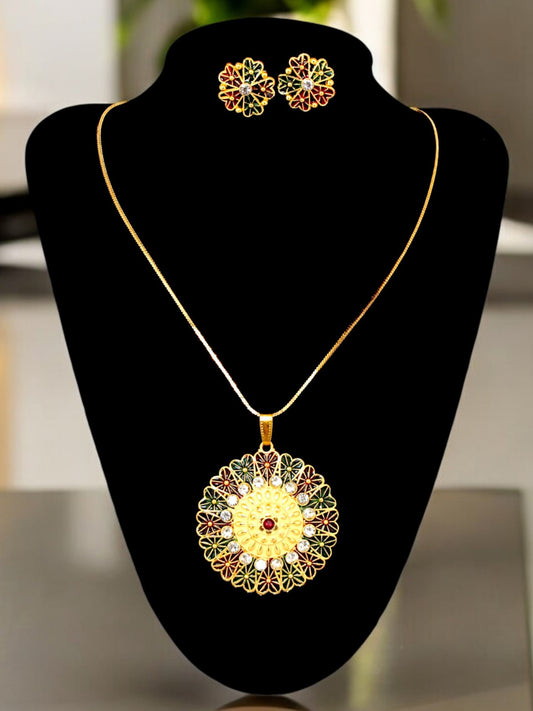 18K Gold-Plated Locket Chain with Earrings Meenakari Pendant Set (169-M7L1G-2062-MG)