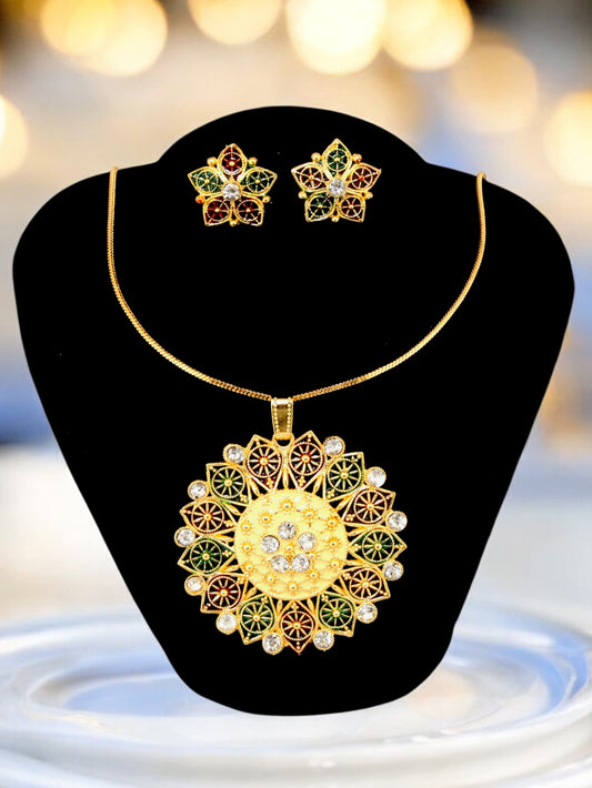 18K Gold-Plated Locket Chain with Earrings Meenakari Pendant Set (169-M7L1G-2063-MG)