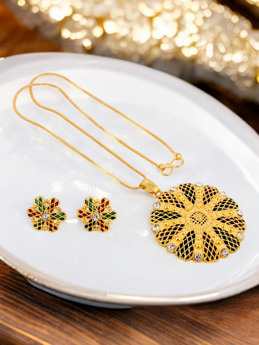 18K Gold-Plated Locket Chain with Earrings Meenakari Pendant Set (169-M7L1G-2064-MG)