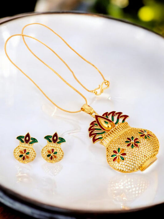 18K Gold-Plated Locket Chain with Earrings Meenakari Pendant Set (174-M7L1G-2058)