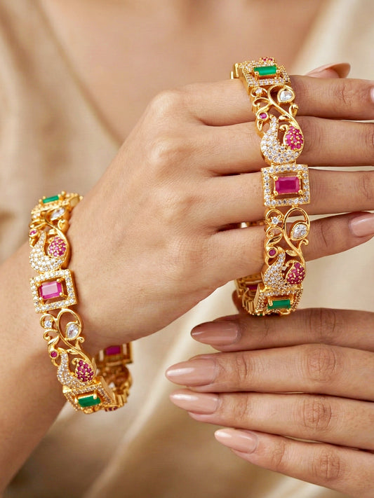 Gold-Plated Peacock AD Pink Green Bangle (1817-C1BG-2227-2)