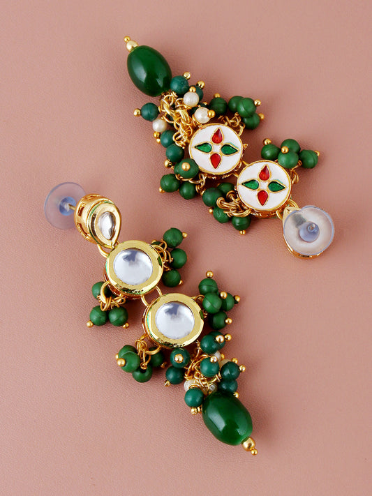 Traditional Back Meenkari Gold Plated uncut kundan Green Earrings