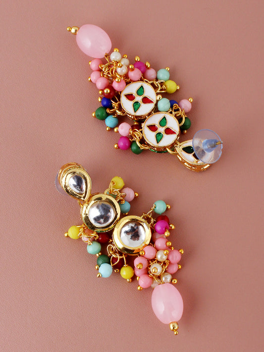 Traditional Back Meenkari Gold Plated uncut kundan Multi Earrings