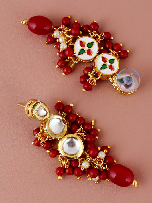 Traditional Back Meenkari Gold Plated uncut kundan Maroon Earrings