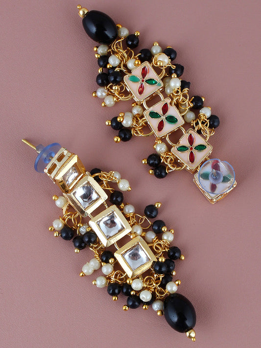 Traditional Back Meenkari Gold Plated uncut kundan Black Earrings