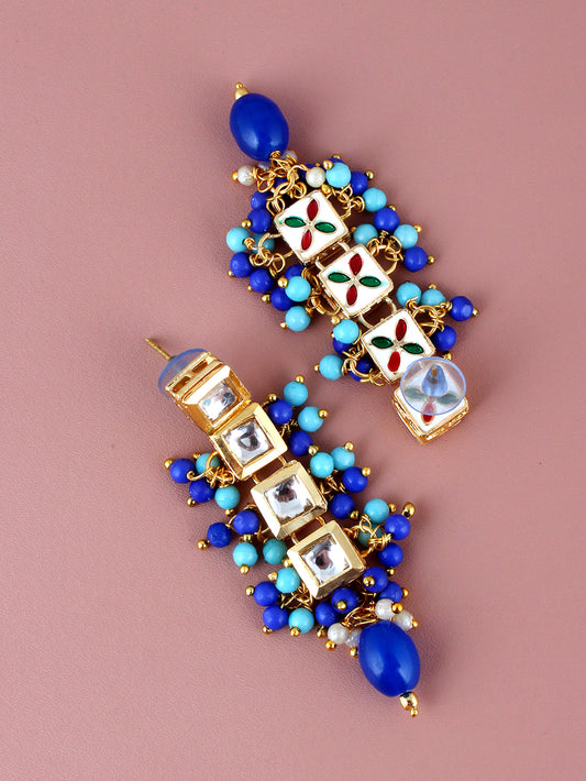 Traditional Back Meenkari Gold Plated uncut kundan Firoji Blue Earrings