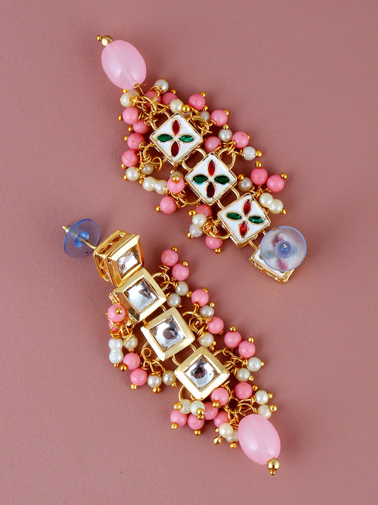 Traditional Back Meenkari Gold Plated uncut kundan Pink Earrings