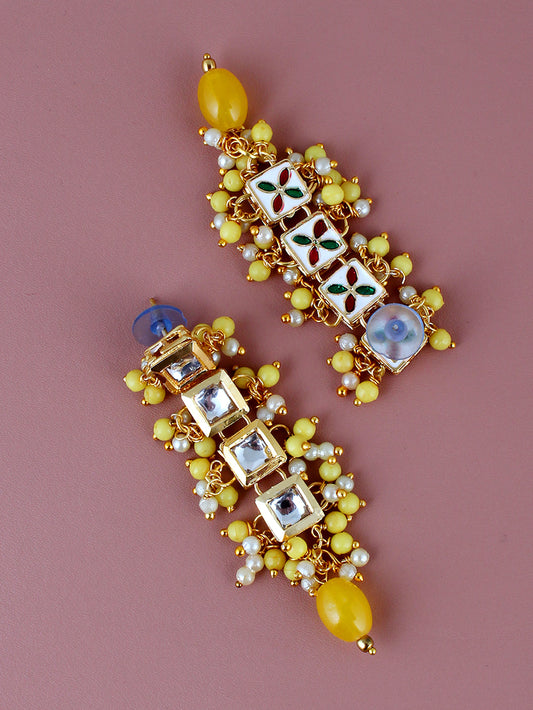 Traditional Back Meenkari Gold Plated uncut kundan Yellow Earrings