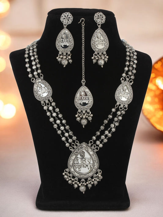 Oxidised Silver Plating Hare Krishna Temple Jewellery Necklace Set for Women & Girls