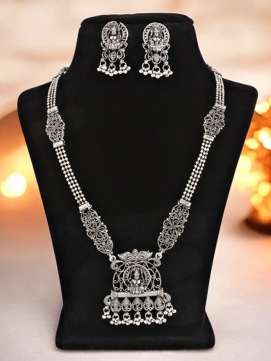 Oxidised Silver Goddess Laxmi Temple Jewellery Necklace Set with Earrings