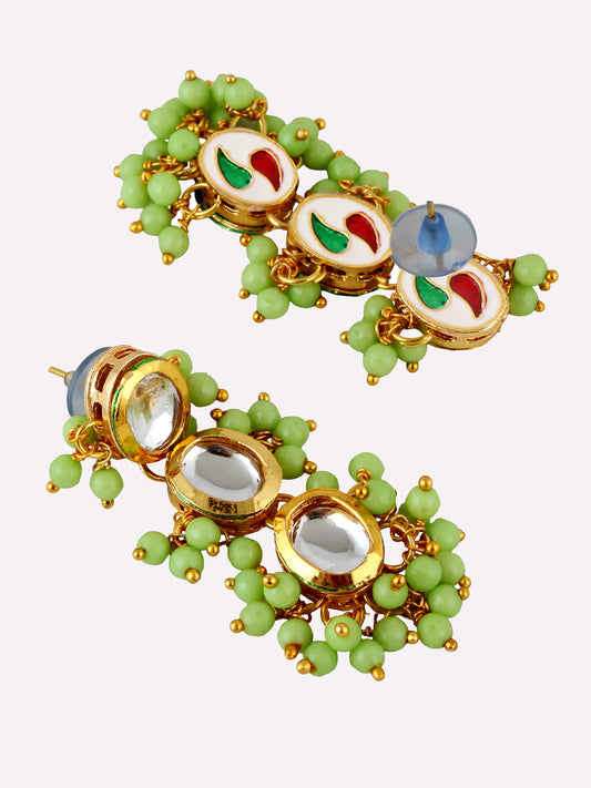 Traditional Back Meenkari Gold Plated uncut kundan Light Green Earrings