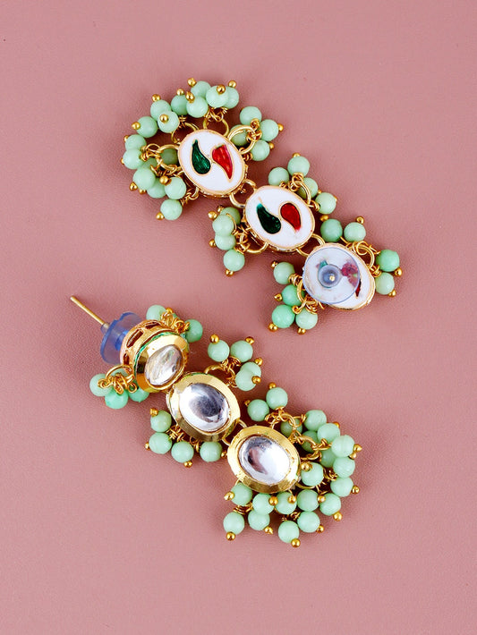 Traditional Back Meenkari Gold Plated uncut kundan Mint Earrings