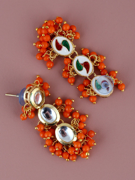 Traditional Back Meenkari Gold Plated uncut kundan Orange Earrings