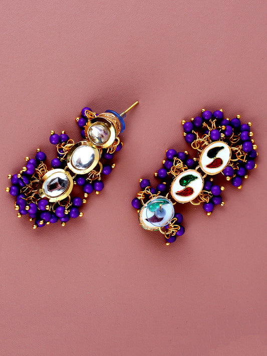 Traditional Back Meenkari Gold Plated uncut kundan Purple Earrings