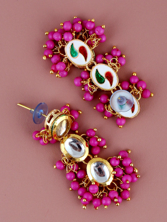 Traditional Back Meenkari Gold Plated uncut kundan Magenta Earrings
