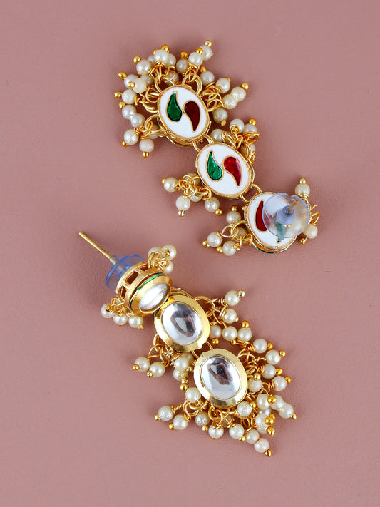 Traditional Back Meenkari Gold Plated uncut kundan White Earrings