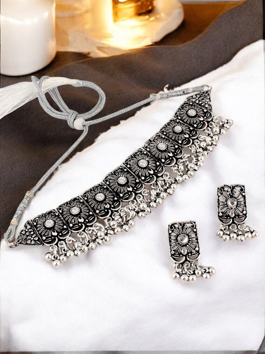 Trendy Oxidised Navratri Jewellery Traditional Choker Necklace and Earrings with Tassled Ghungroo (235-TSO-C71)