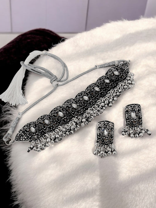 Trendy Oxidised Navratri Jewellery Traditional Choker Necklace and Earrings with Tassled Ghungroo (235-TSO-C73)