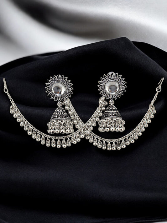 Trendy Oxidised Silver Plating Jhumki Earring For Women and Girls | Designer Earrings with Tasseled Ear Chain (238-TJO-2858)